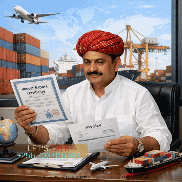A Gujarati entrepreneur reviewing import-export documents and certificates at a modern office desk with shipping containers and international trade symbols in the background