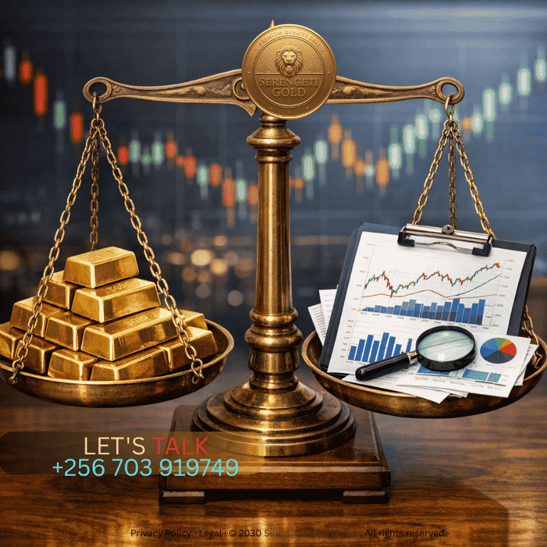 A balanced scale with gold bars on one side and financial charts on the other, symbolizing the weighing of risk versus reward in gold investments