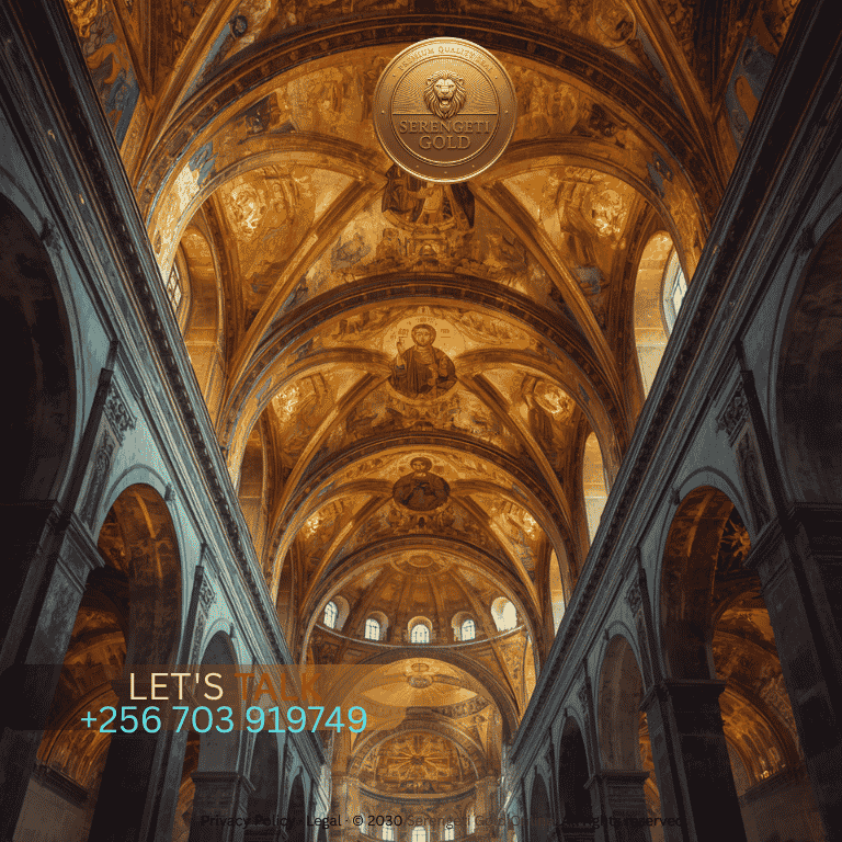 A breathtaking interior view of an ancient Byzantine cathedral featuring elaborate gold-leaf mosaic ceilings and glowing religious iconography.