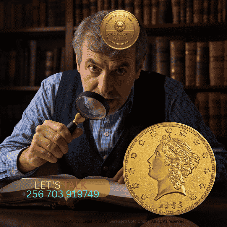 A collector examining a rare 19th-century gold coin with a magnifying loupe under specialized lighting.