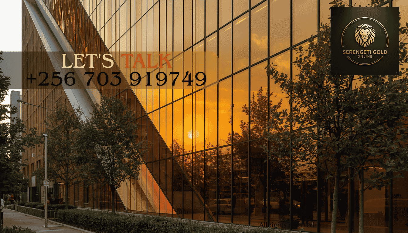 A contemporary architectural building facade featuring modern gold-tinted reflective glass reflecting the sunset.