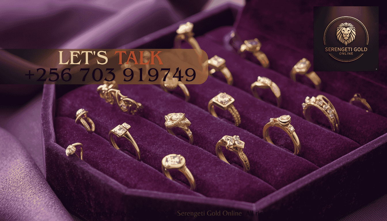 A curated collection of fine 18k yellow and rose gold rings arranged elegantly on a velvet display tray. (1)