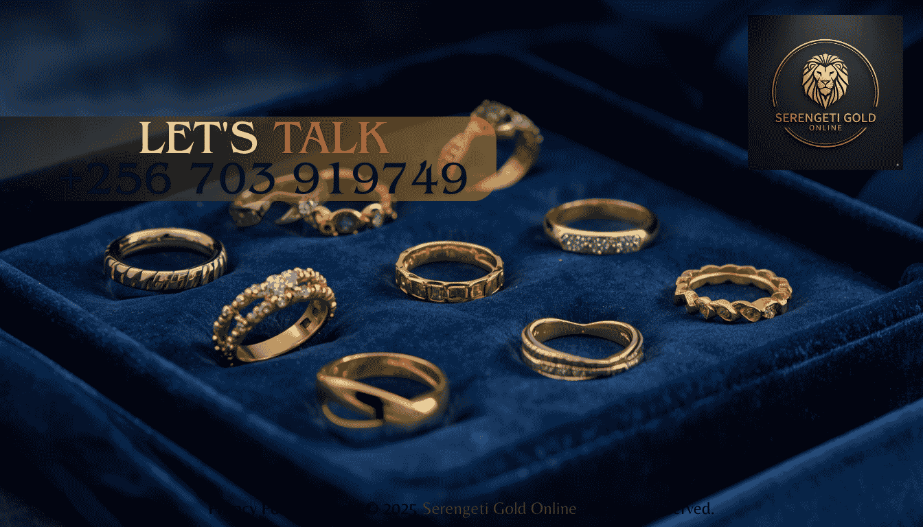 A curated collection of fine 18k yellow and rose gold rings arranged elegantly on a velvet display tray.