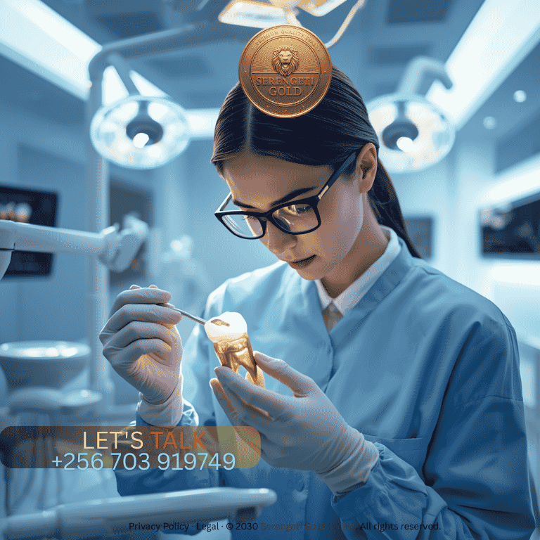 A dental professional examining a polished gold restoration in a modern clinical setting.