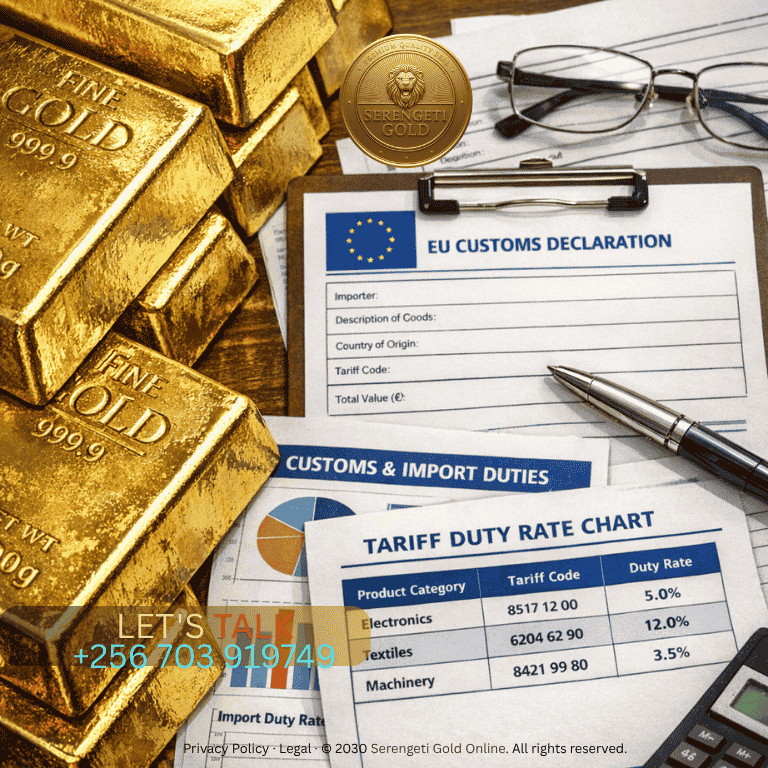 A detailed close-up photograph of gold bars stacked alongside European Union customs documentation and duty rate charts, symbolizing international trade compliance