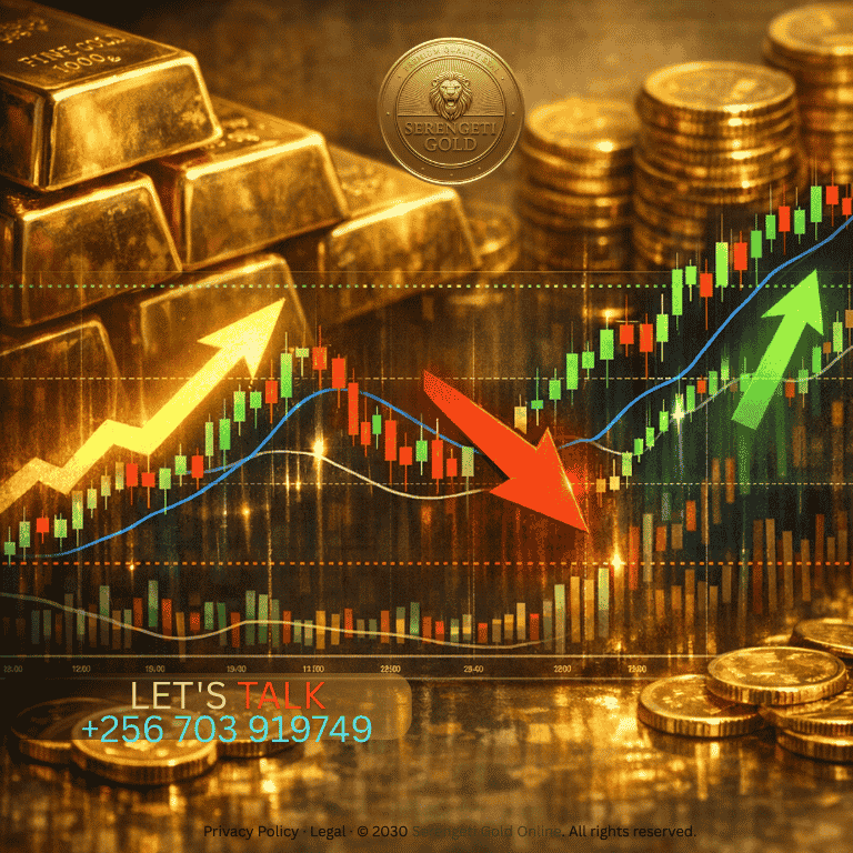 A detailed financial chart showing gold price trends with upward and downward arrows, overlaid on gleaming gold bars and coins, representing market volatility and investment opportunities (1)