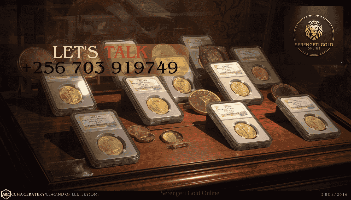 A display case featuring graded and certified historical gold coins, highlighting intricate relief designs and protective slabs. (1)