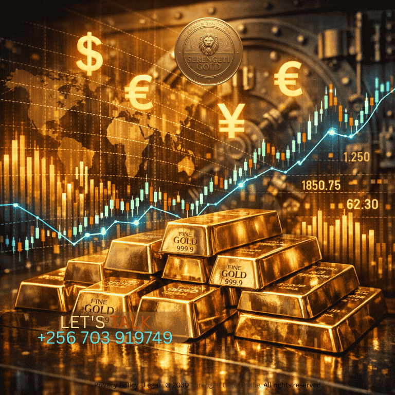 A dramatic visual of gold bars stacked in a secure vault with digital market graphs and currency symbols overlaying the scene, representing the intersection of precious metal reserves and global