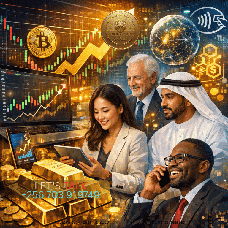 A dynamic collage showing gold bars, digital trading screens with rising market charts, diverse international investors, and modern fintech symbols, representing the intersection of traditional go