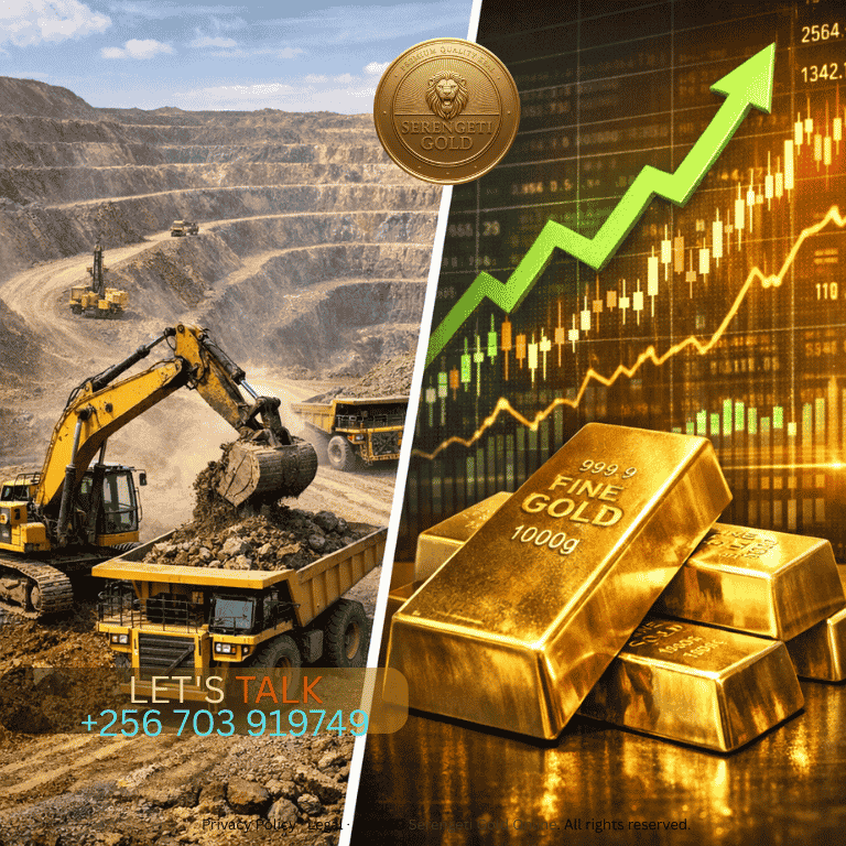 A dynamic split-screen image showing modern gold mining operations on one side with heavy machinery and open pit mines, and gold bars with upward trending price charts and financial graphs on the