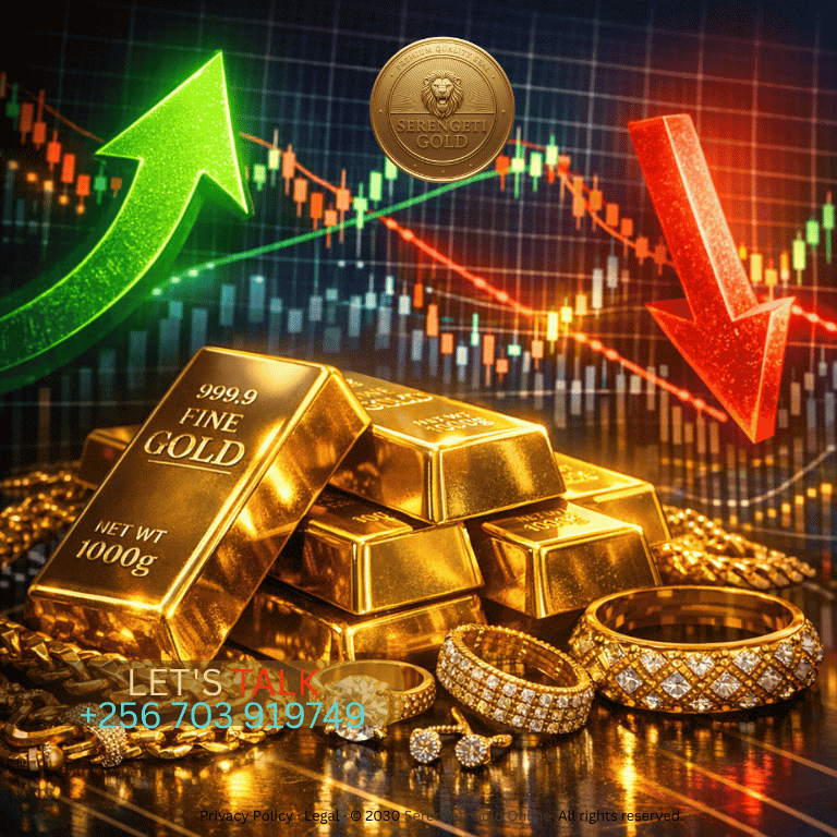 A dynamic visual showing gold bars and jewelry alongside digital market graphs with upward and downward trend arrows, symbolizing the intersection of traditional precious metal demand and modern m