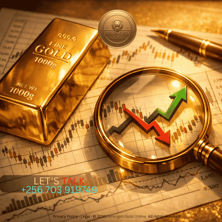 A gleaming gold bar resting on financial charts and graphs showing market fluctuations, with a magnifying glass highlighting upward and downward price trends in warm golden lighting
