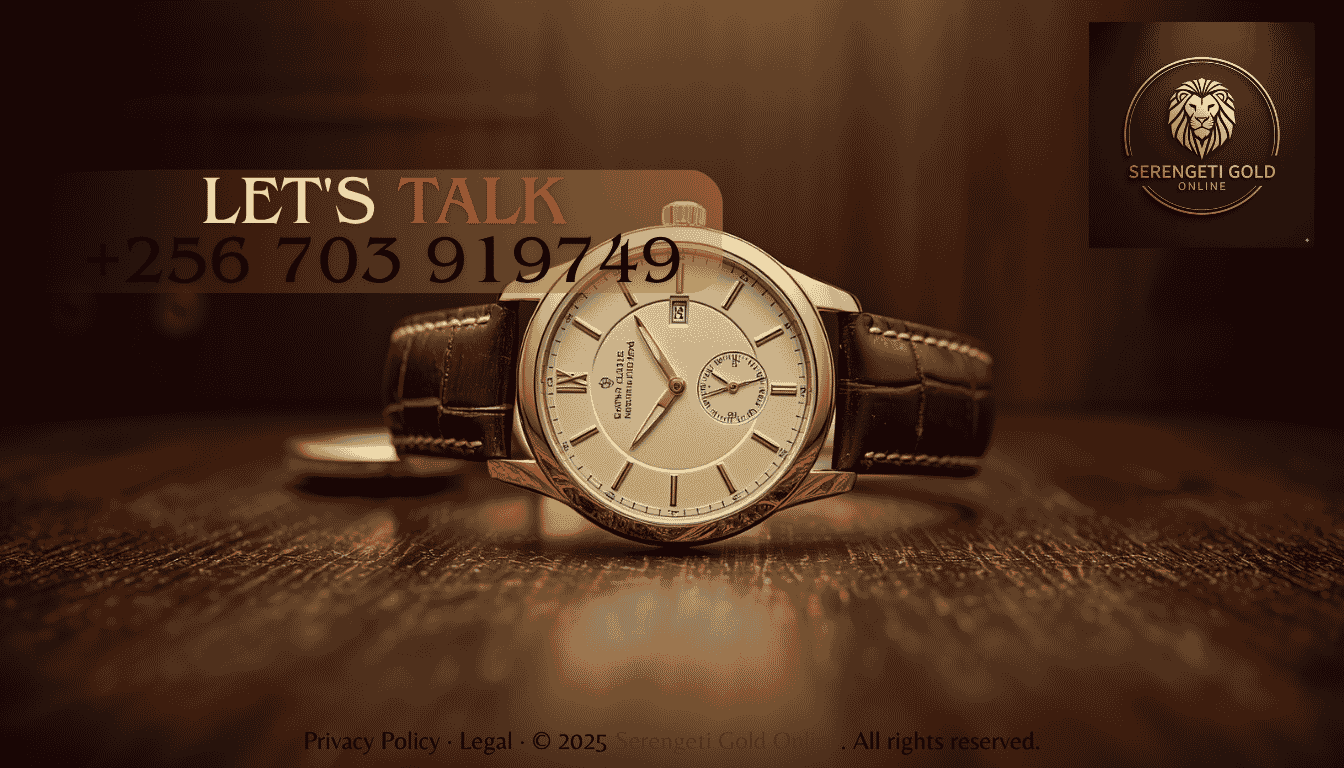 A luxury 18k yellow gold automatic wristwatch resting on a dark leather strap against a sophisticated executive backdrop.