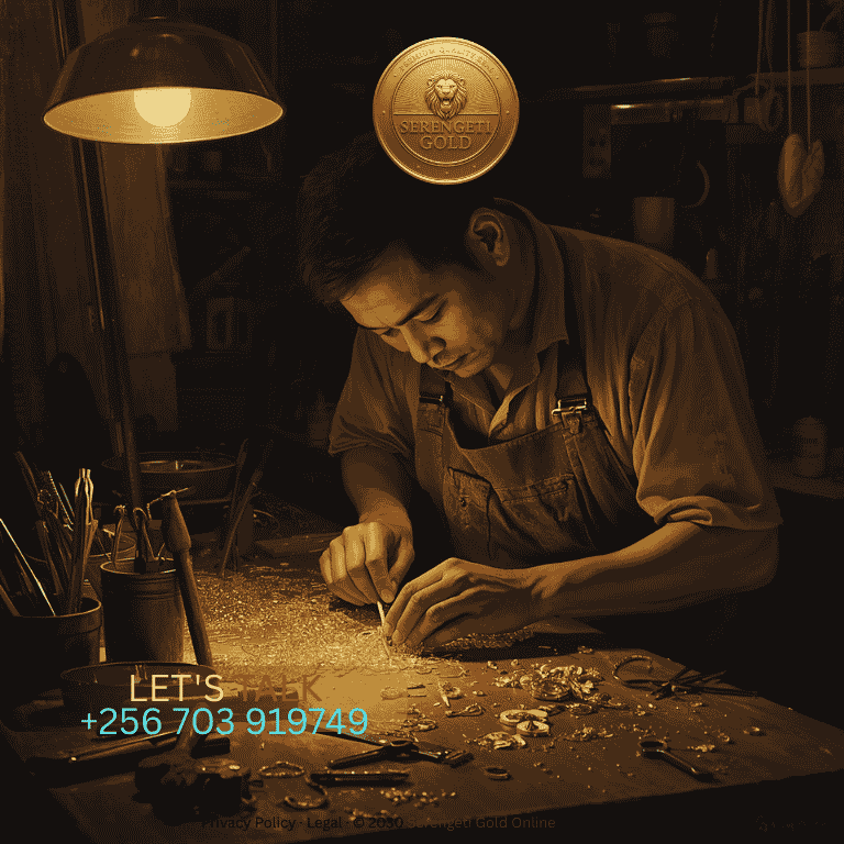A master jeweler carefully inspecting intricate gold filigree work using a precision magnifying lens. (1)