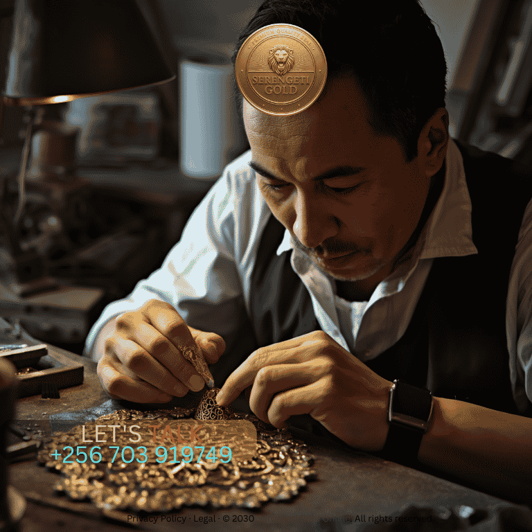 A master jeweler carefully inspecting intricate gold filigree work using a precision magnifying lens.