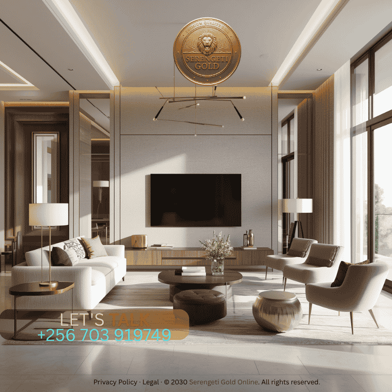A modern, minimalist luxury living room accented with subtle brushed-gold lighting fixtures and decorative metallic elements.