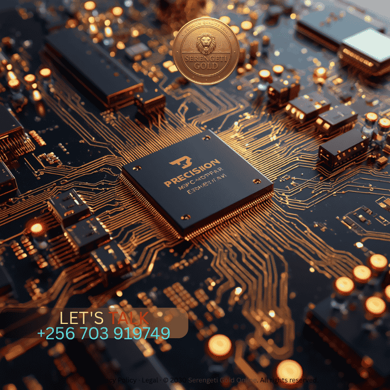 A precision microchip and high-tech electronic circuit board highlighting the essential use of gold in modern technology.