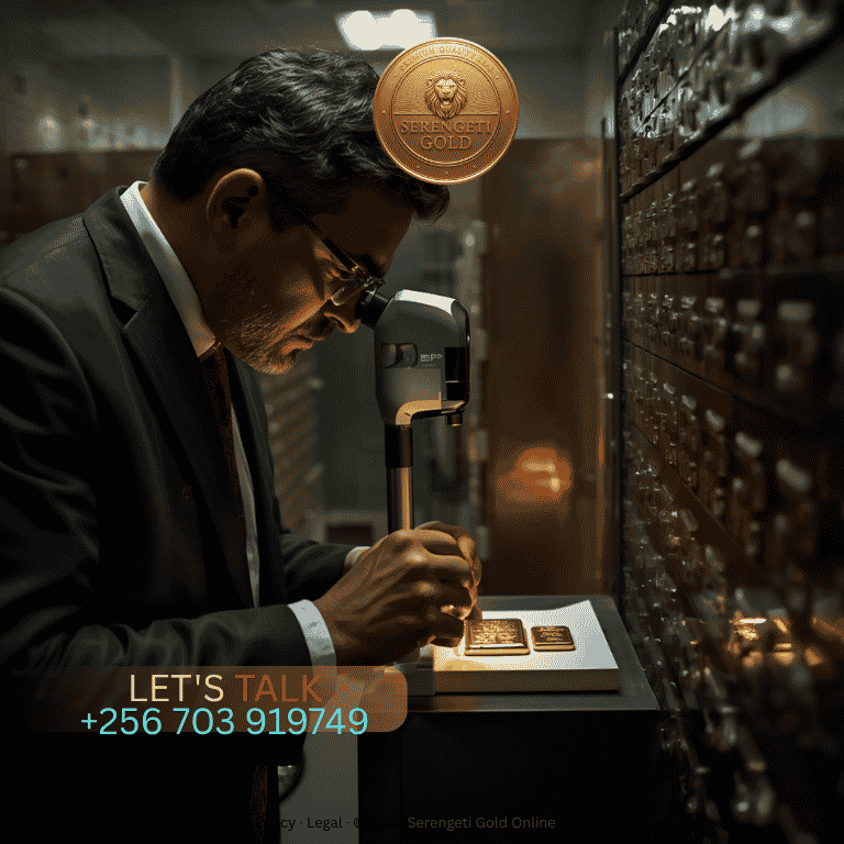 A professional bullion dealer meticulously examining a gold bar using an advanced X-ray fluorescence (XRF) spectrometer in a secure vault.
