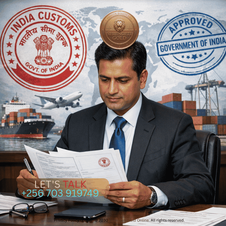 A professional business person reviewing official documents with Indian customs stamps and global trade symbols in the background, representing international commerce and regulatory compliance