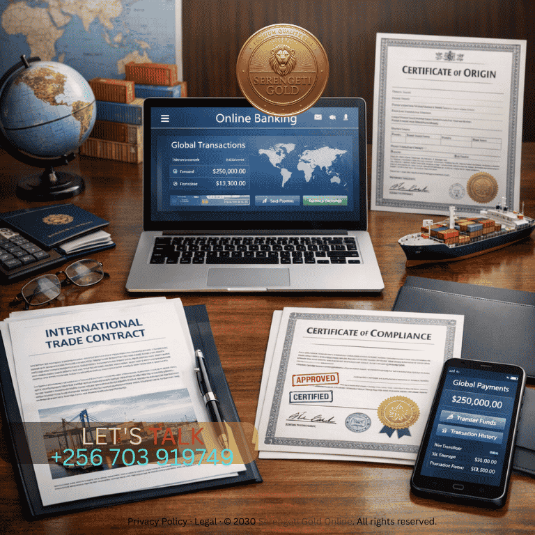 A professional business setting showing international trade documents, compliance certificates, and digital banking interfaces representing global financial transactions and regulatory compliance