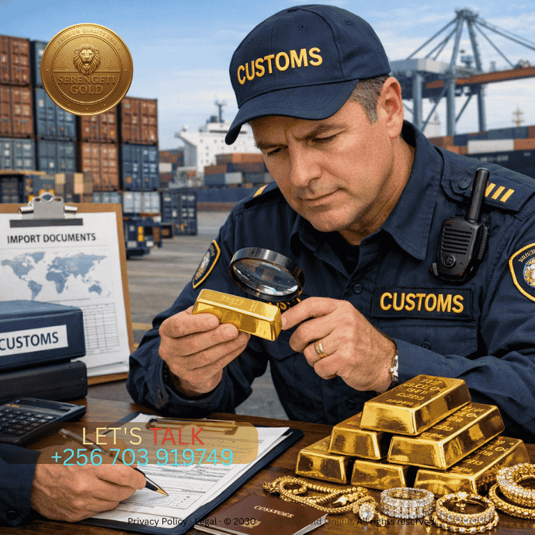 A professional customs officer inspecting gold bars and jewelry with documentation and international shipping containers in the background, symbolizing global trade compliance