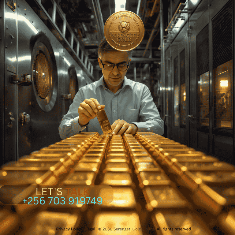 A professional metallurgist inspecting gold bars in a secure, high-tech bullion refinery vault.