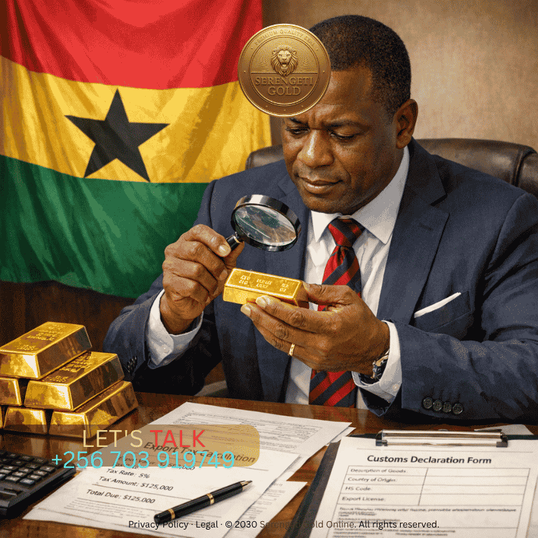 A professional trader examining gold bars with Ghanas flag in the background, alongside documents showing export tax calculations and customs paperwork