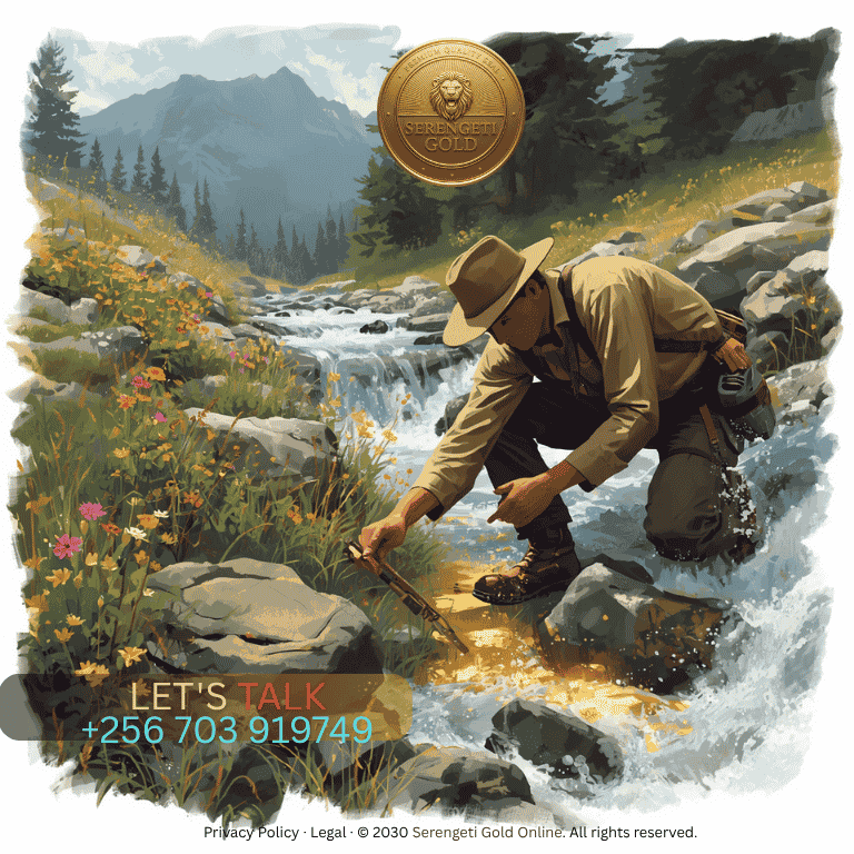 A prospector panning for gold flakes and fine gold dust in a rushing mountain stream.