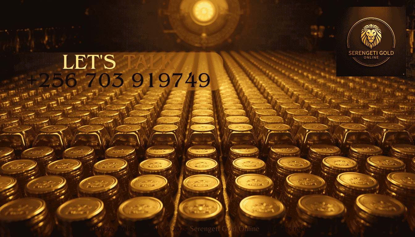 A secure professional vault containing rows of gleaming gold bullion bars and minted coin tubes.