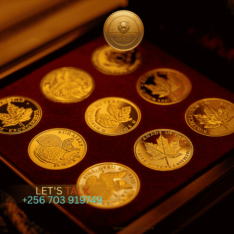 A selection of world-renowned government gold coins, including the South African Krugerrand and Gold Maple Leaf, arranged neatly.