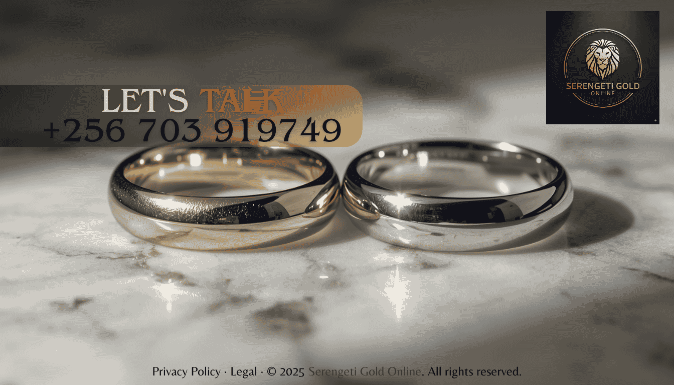 A side-by-side comparison of a polished 18k white gold ring and a platinum ring displaying their distinct finishes.