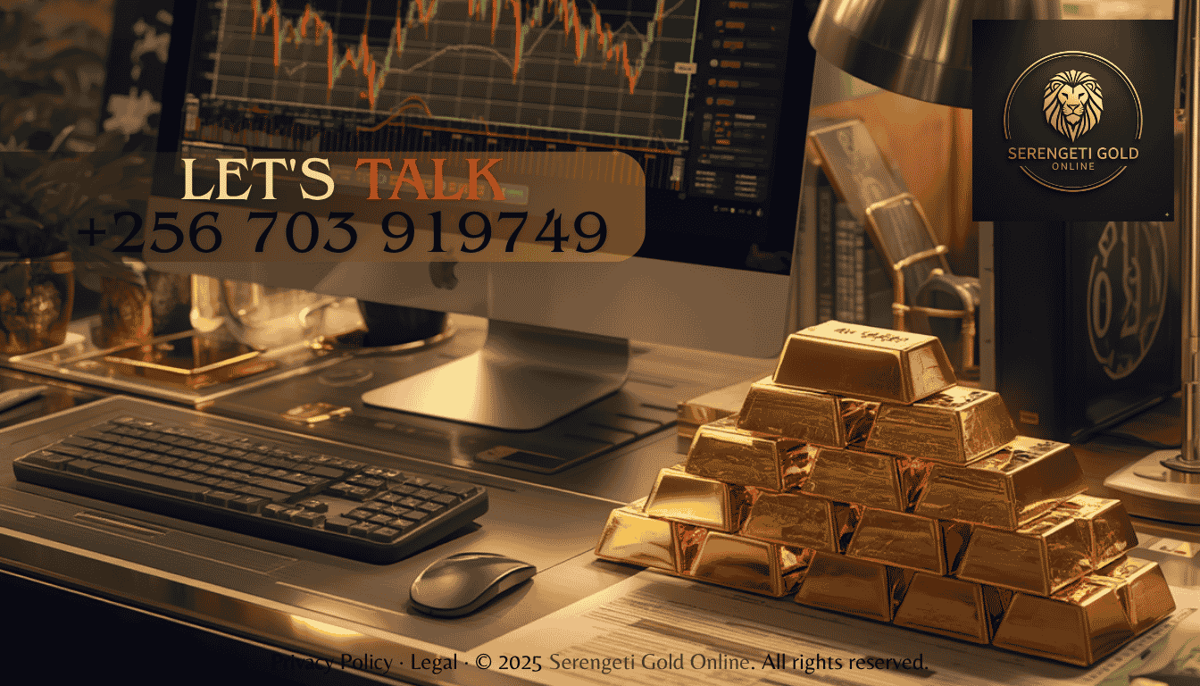 A sophisticated financial workspace displaying historical gold market charts alongside gleaming gold bullion bars.