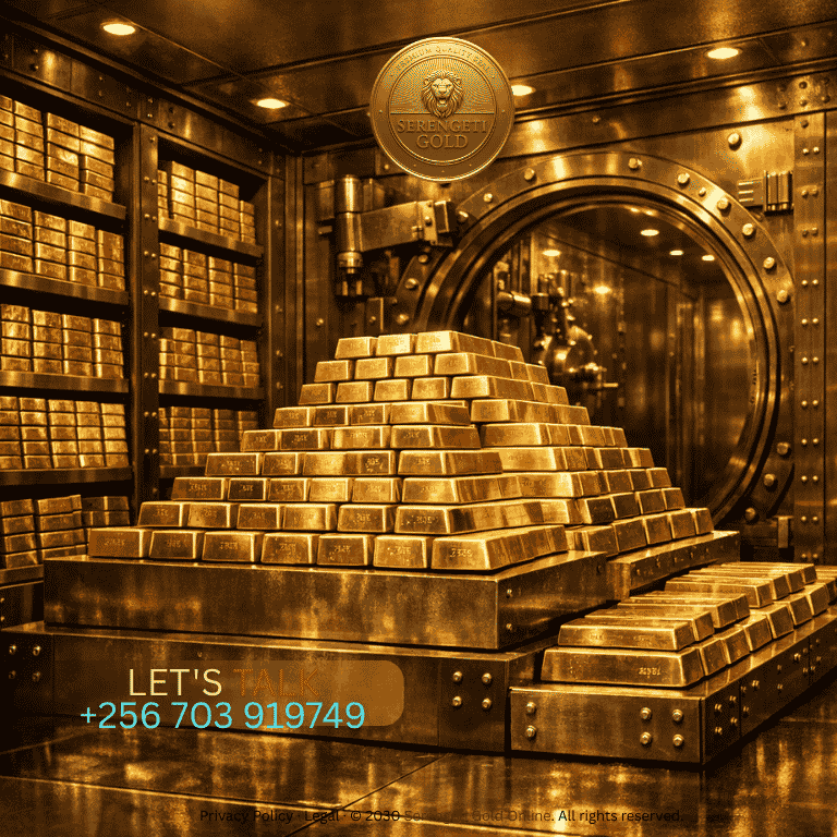A sophisticated vault interior with stacked gold bars glowing under ambient lighting, symbolizing central bank reserves and institutional gold holdings that drive market dynamics.