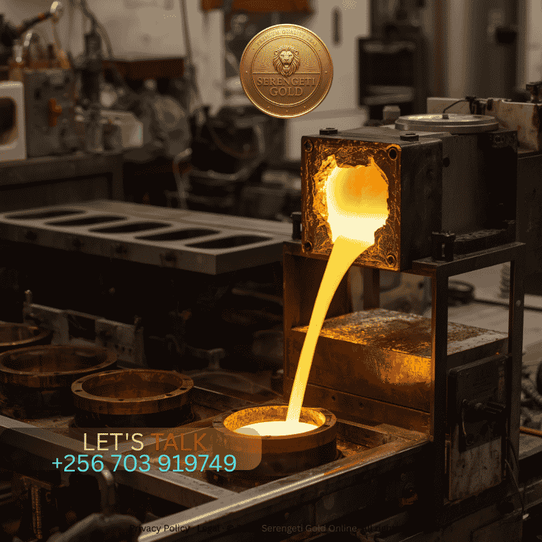 A specialized precious metals refinery laboratory displaying molten gold being poured into high-purity casting molds.