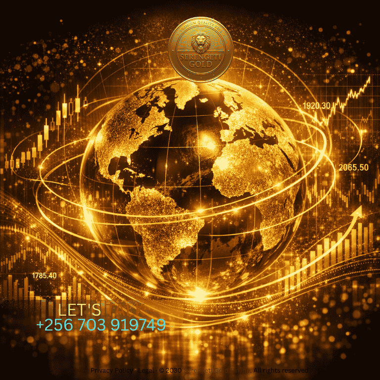 A stunning visualization of a golden globe with interconnected market lines and investment charts flowing around it, symbolizing the global nature of gold demand and its impact on modern investmen