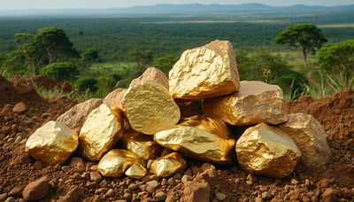 Gold nuggets and bullion with an East African landscape in the background