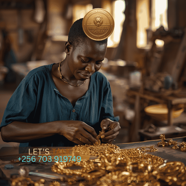 African artisan creating intricate gold artwork using traditional metalworking techniques inspired by centuries of craftsmanship.