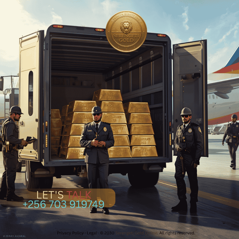 An armored security vehicle guarded by specialized transport professionals loading high-security bullion boxes onto an aircraft. (1)