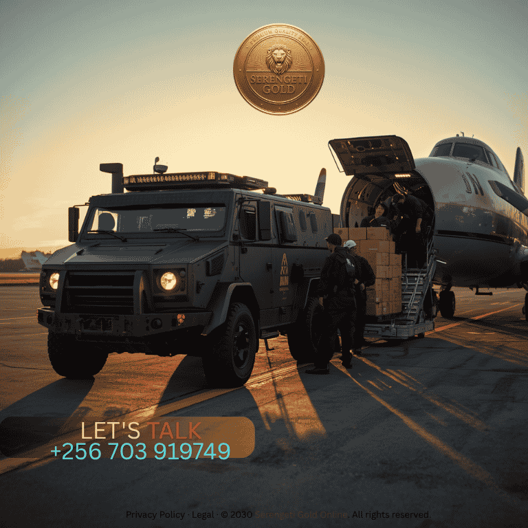An armored security vehicle guarded by specialized transport professionals loading high-security bullion boxes onto an aircraft.