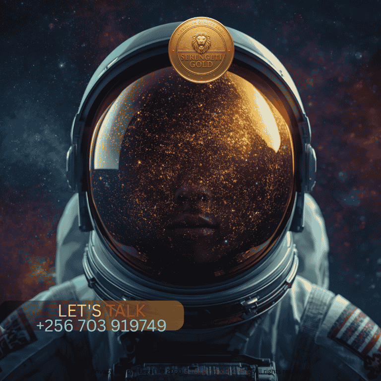 An astronaut wearing a space helmet with a shimmering, gold-tinted visor reflecting the vast expanse of space.