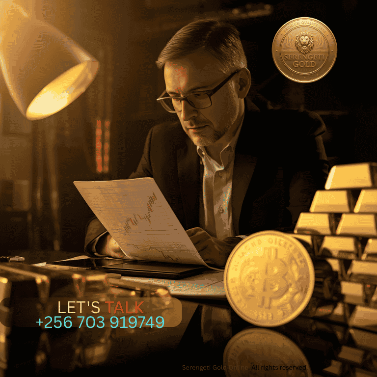An investor reviewing gold bullion market charts next to a pure gold bar and sovereign gold coin.