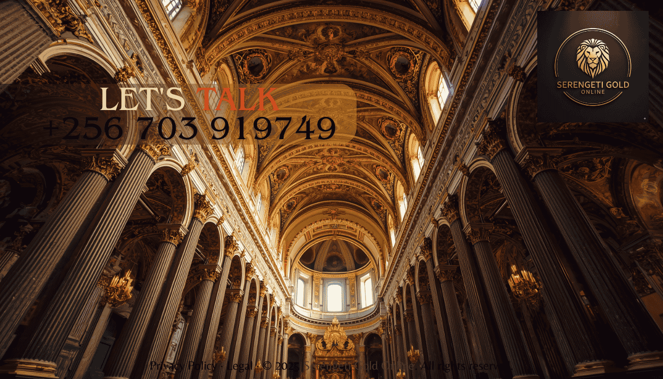 An opulent historic cathedral interior featuring intricately gilded ceilings, columns, and hand-applied gold-leaf architectural moldings.