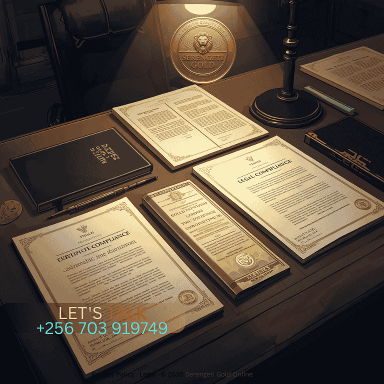 Certified legal compliance documents, corporate seals, and official gold trade licensing agreements on an executive desk. (1)