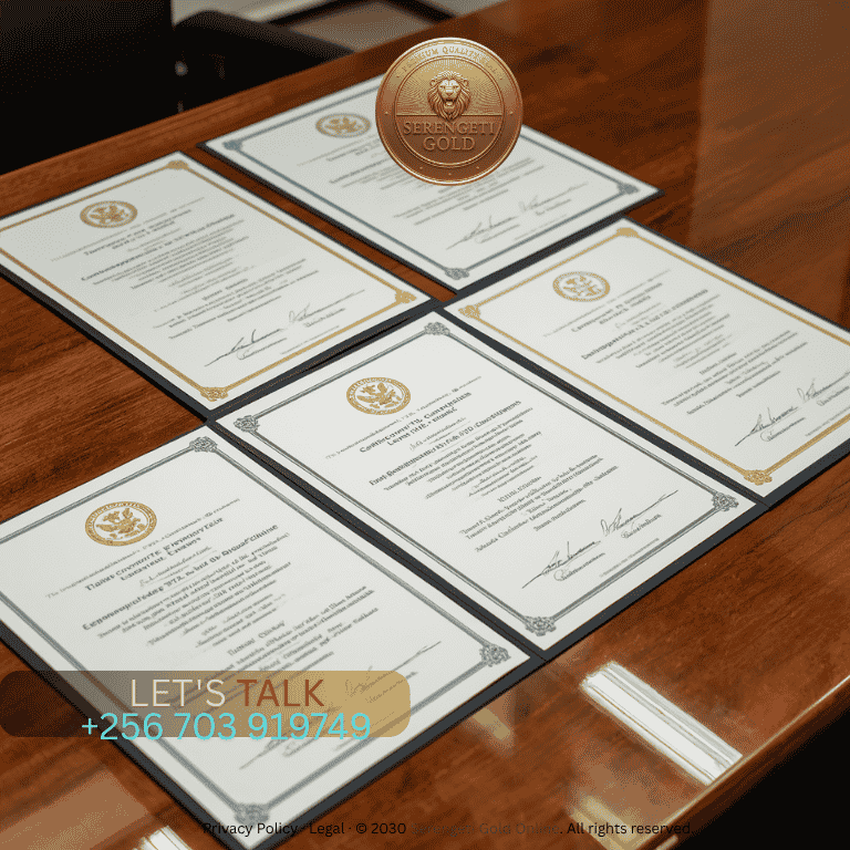 Certified legal compliance documents, corporate seals, and official gold trade licensing agreements on an executive desk.