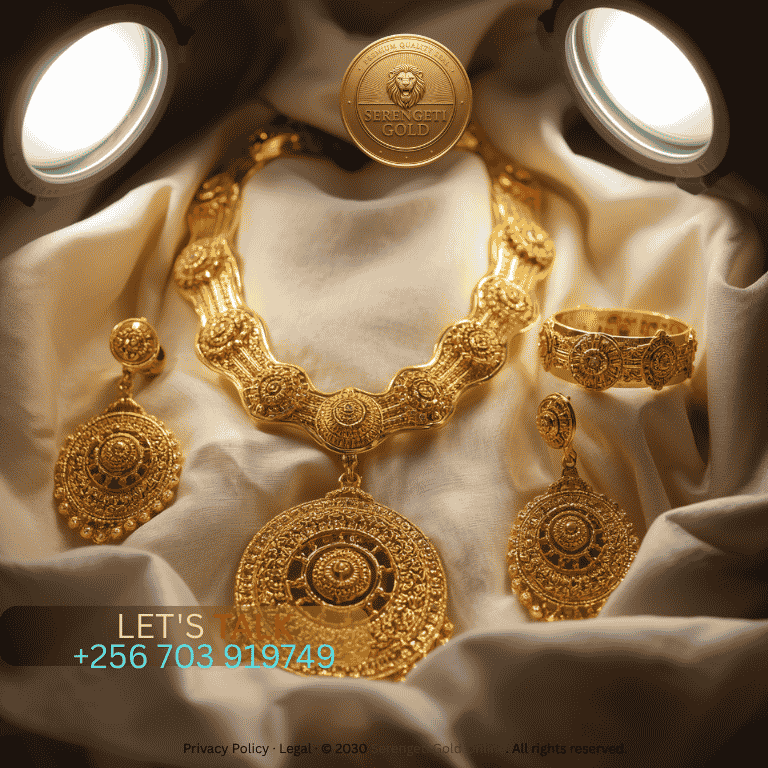 Close-up of handcrafted African gold wedding jewelry including necklaces, bracelets, and earrings symbolizing prosperity and family unity. (1)