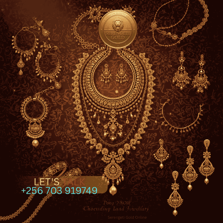 Close-up of handcrafted African gold wedding jewelry including necklaces, bracelets, and earrings symbolizing prosperity and family unity.