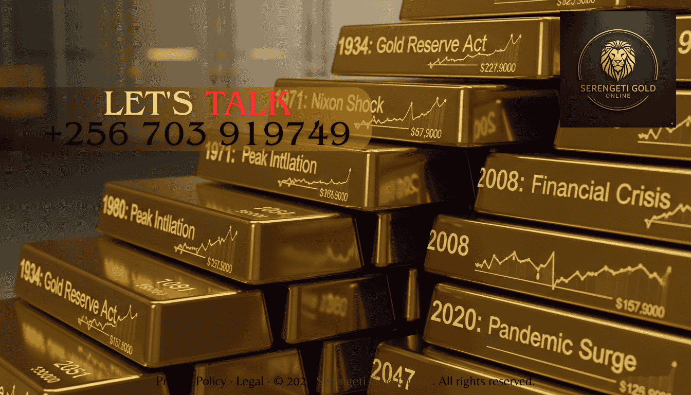 Gold bars stacked with historical dates highlighting price milestones