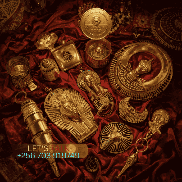 Intricately crafted gold ceremonial artifacts from Ancient Egypt and the Kingdom of Kush representing Africas rich spiritual and cultural history.