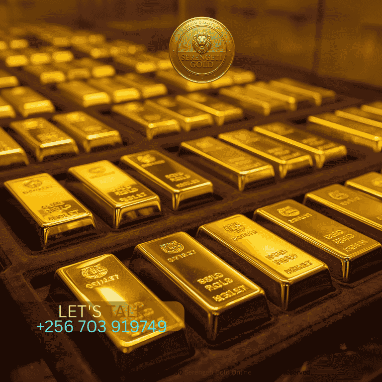 Newly poured, mirror-finished 99.99% pure gold bullion bars stamped with refiner hallmarks inside a high-security vault. (1)