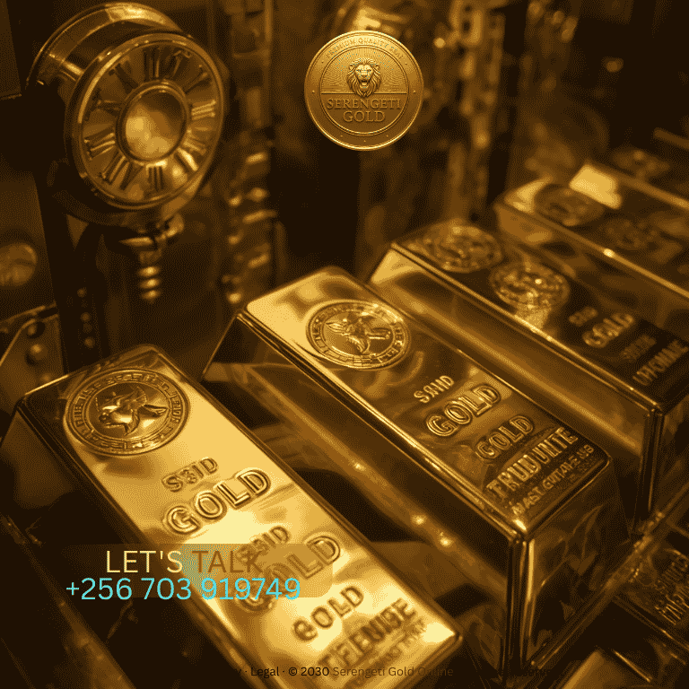 Professional gold bars stamped and displayed inside a secure East African customs-bonded bullion vault.